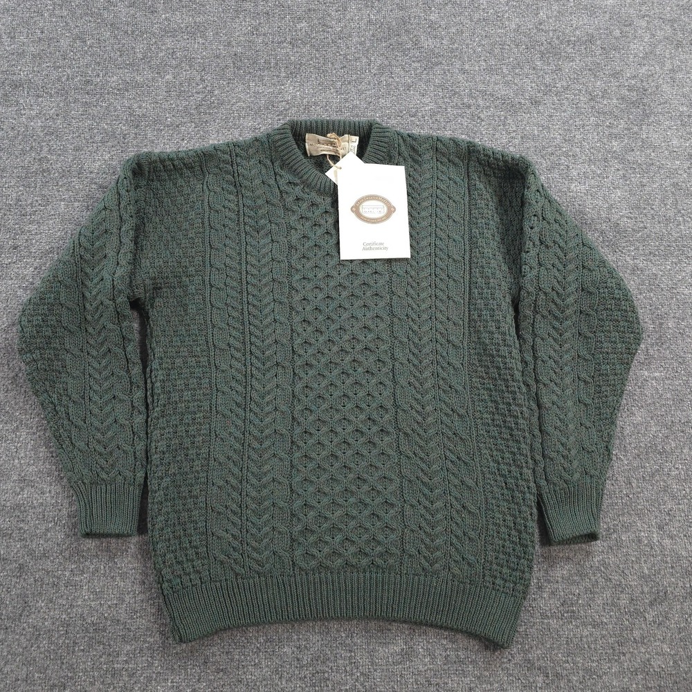 Aran Sweater Market Sweater Mens L Green Merino Wool Fisherman Cable Ireland NEW